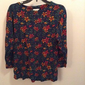 Navy Blue with orange & red flowers 3/4 sleeves M